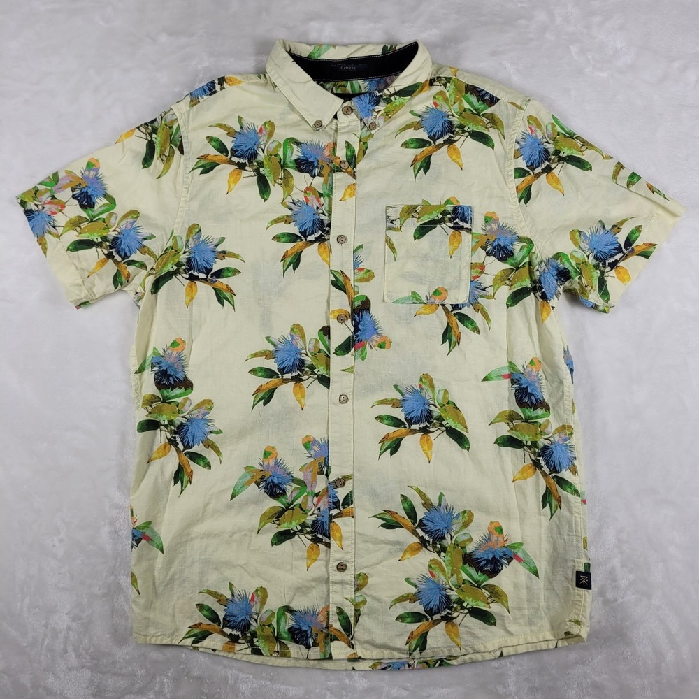 Roark‎ Short Sleeve Button Down Shirt Men's Large Yellow Linen Blend Floral